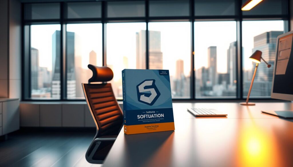A sleek, modern office setting with a well-lit desk and ergonomic chair. On the desk, a stylized, high-quality software package sits prominently, its branding and design conveying a sense of professionalism and legitimacy. The background features a large window overlooking a bustling cityscape, flooding the scene with warm, natural light. The overall atmosphere is one of productivity, efficiency, and the advantages of using authorized, secure software for academic and professional tasks.
