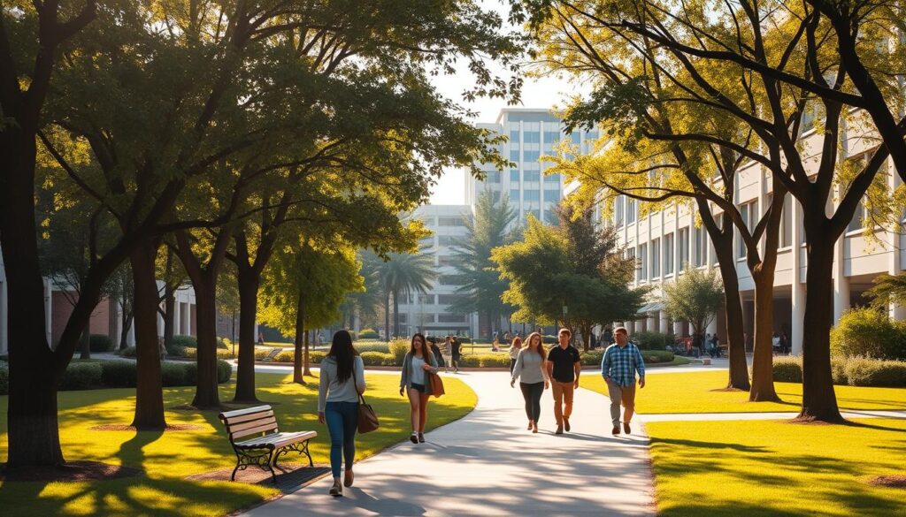 A tranquil university campus bathed in warm, natural light. In the foreground, students stroll leisurely along a tree-lined pathway, engaged in friendly conversations. The middle ground features lush greenery and inviting benches, creating a serene and welcoming atmosphere. In the background, modern, well-maintained buildings stand tall, symbolizing a secure and supportive environment. The overall scene conveys a sense of safety, community, and academic focus, fostering a positive and nurturing campus culture.