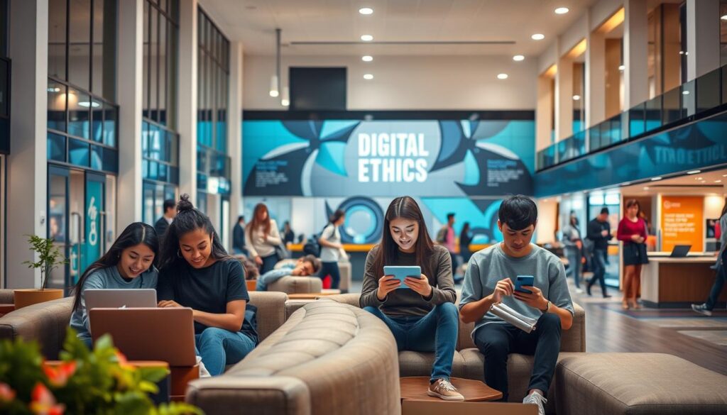 A university campus setting, with students engaged in digital activities. In the foreground, a group of students collaborating on laptops, surrounded by modern furniture and decor. In the middle ground, individuals studying on tablets and smartphones, demonstrating responsible digital behavior. The background features a vibrant, well-lit open space, with artwork and displays promoting digital ethics. Soft, warm lighting illuminates the scene, creating a welcoming and productive atmosphere. The overall composition conveys the integration of digital tools and the importance of ethical practices in the daily lives of students.