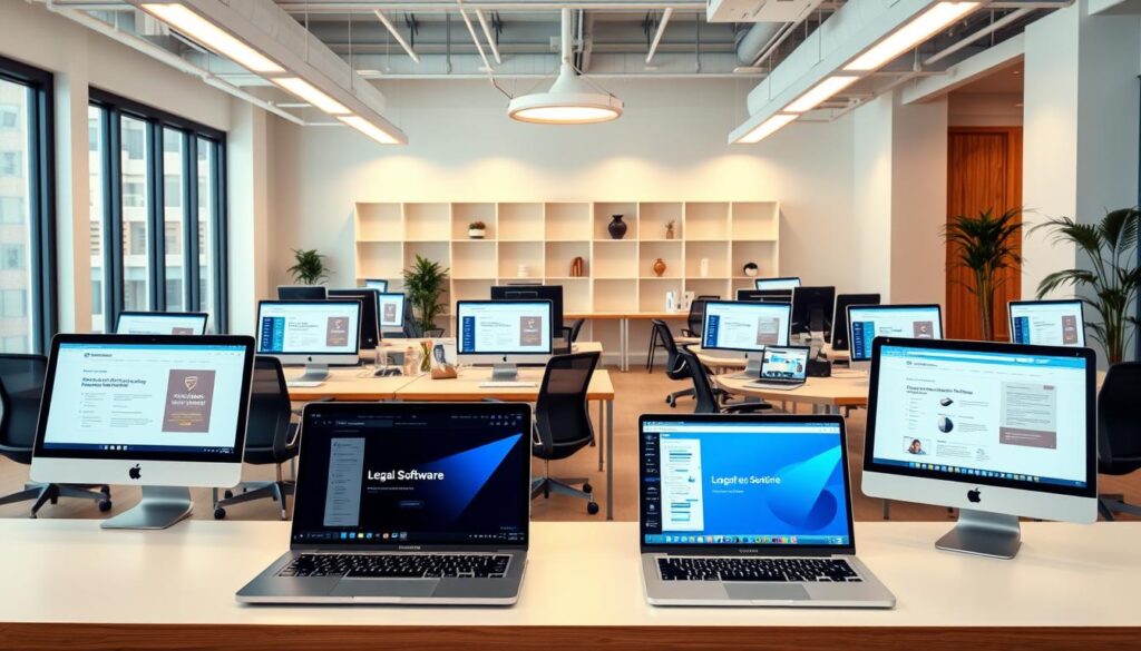 A vibrant, modern office setting with a variety of affordable software packages displayed on sleek, minimalist desktops. The foreground features a diverse range of laptop and tablet devices, each showcasing a different legal software solution. The middle ground highlights stylish, ergonomic workstations arranged in a collaborative layout, creating an atmosphere of productivity and efficiency. The background depicts a spacious, well-lit room with minimalist decor, large windows, and a soothing color palette that reinforces the sense of a professional, yet accessible work environment. Warm, natural lighting from overhead fixtures casts a gentle glow, accentuating the clean, sophisticated aesthetic. The overall scene conveys a sense of accessible, high-quality software options that cater to the needs of students and professionals.