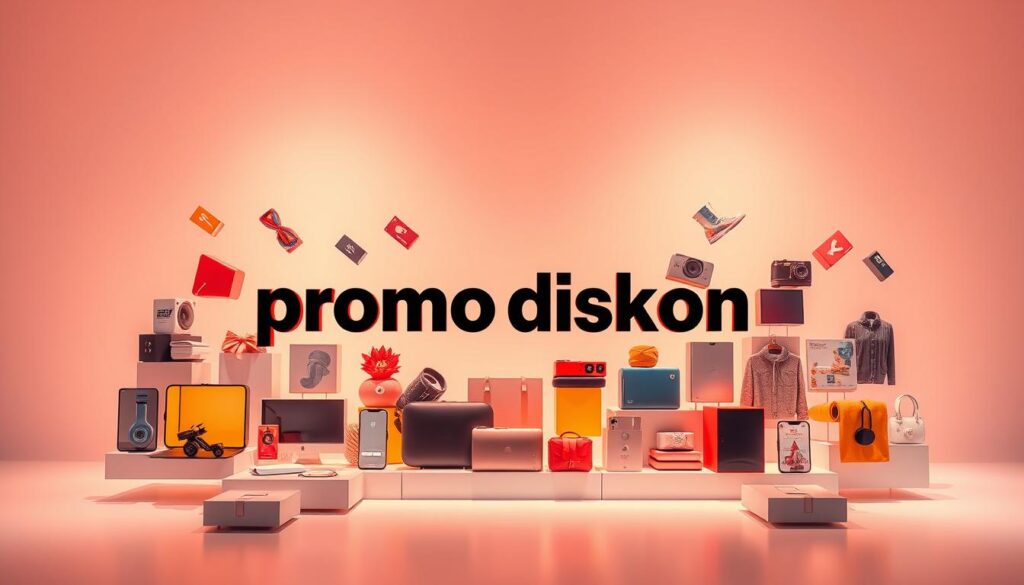 A vibrant, modern promo for "promo diskon" set against a clean, minimalist background. In the foreground, a dynamic arrangement of various retail products - electronics, clothing, and household items - showcased in a visually appealing, almost floating display. Warm, directional lighting illuminates the products, creating depth and a sense of premium quality. The middle ground features a large, stylized "promo diskon" text overlay, rendered in a bold, attention-grabbing typeface. The background is a simple, gradient-based color scheme, providing a sleek, sophisticated backdrop that allows the promo elements to take center stage. The overall composition conveys a sense of exclusivity, value, and a visually striking promotional offer.