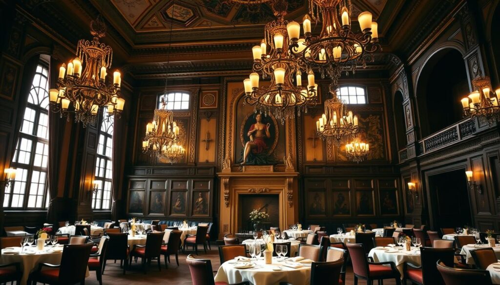 Interior of the Tugu Kunstkring Paleis restaurant, a grand and opulent dining hall with a sophisticated ambiance. Ornate chandeliers illuminate the space, casting a warm glow over the intricate architectural details and lavish furnishings. Tall windows allow natural light to filter in, illuminating the richly upholstered seating and ornate table settings. The backdrop features a grand, antique-style fireplace and opulent wall decor, creating a sense of refined elegance. The overall atmosphere evokes a bygone era of luxury and fine dining, perfectly suited for an exquisite evening meal.