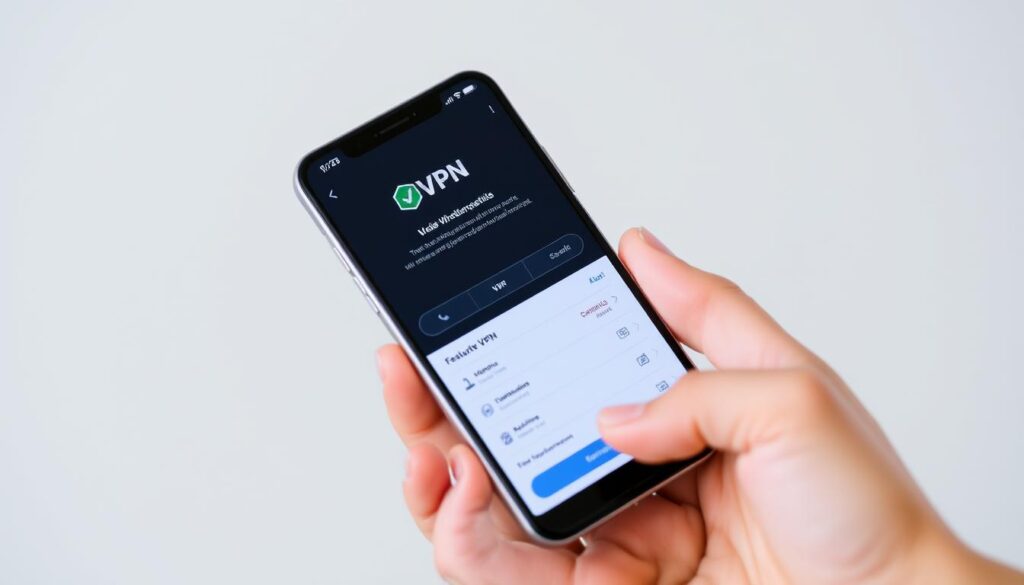 a sleek, modern smartphone with a VPN app interface displayed prominently on the screen, showcasing its features and settings in a clean, intuitive design. The smartphone is held in a natural, hand-held position, allowing the user to interact with the app. The background is blurred, with a subtle gradient or minimal pattern to draw the focus to the device. The lighting is soft and diffused, creating a professional, educational atmosphere. The overall composition and styling convey the utility and ease of using a VPN on a smartphone, in line with the article's subject and section title.