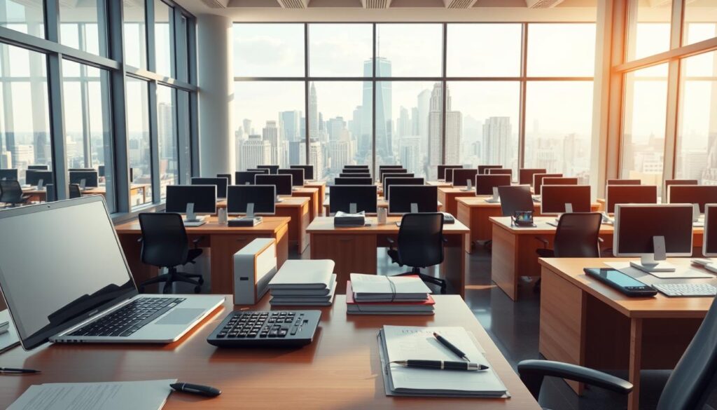 A meticulously detailed rendering of an accounting office interior, illuminated by natural light pouring through large windows. In the foreground, a sleek, modern workstation with a laptop, calculator, and neatly organized files. The middle ground features rows of wooden desks, each adorned with a desktop computer and a variety of accounting tools. The background showcases an impressive view of a bustling cityscape, hinting at the important role of accountants in the broader business landscape. The overall atmosphere conveys a sense of professionalism, productivity, and the intellectual rigor associated with the field of accounting.