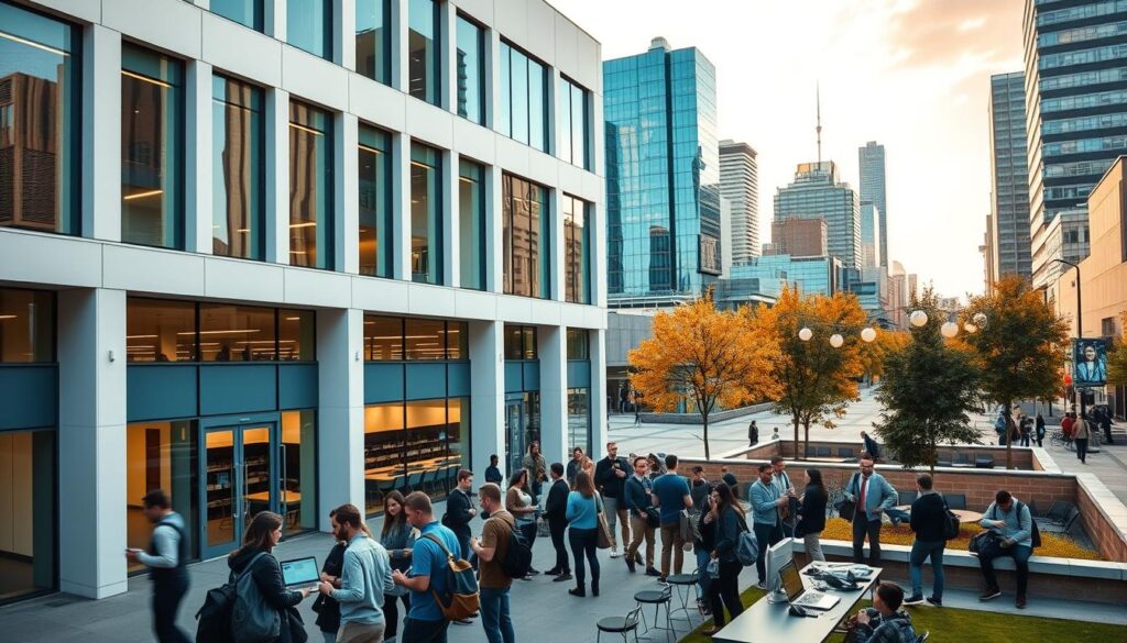 A modern, well-equipped university campus with an impressive building showcasing a program in digital finance and business. The facade features clean, minimalist architecture with large windows and a sleek, contemporary design. In the foreground, groups of students engage in lively discussions, using laptops and digital devices. The middle ground reveals lecture halls, collaborative workspaces, and state-of-the-art computer labs. The background depicts a vibrant urban setting, with skyscrapers and bustling city life, reflecting the program's focus on the digital economy and business innovation. Warm, natural lighting casts a professional, dynamic atmosphere across the scene.